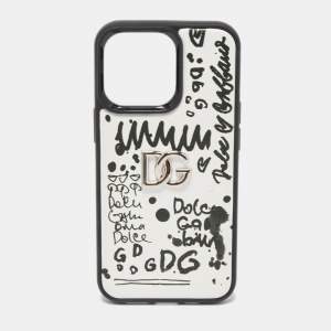 Pre Owned Dolce & Gabbana Black/White Graffiti Logo Leather DG Logo iPhone 13 Pro Case 
