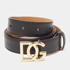 Dolce & Gabbana Black Leather DG Logo Slim Belt 85CM