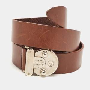 Pre Owned Dolce & Gabbana Brown Leather Round Logo Plague Belt 85CM