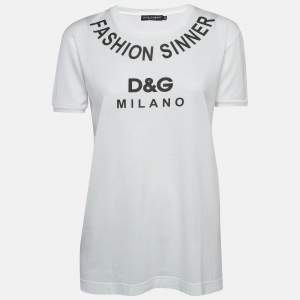 Pre Owned Dolce & Gabbana White Logo Print Cotton Jersey T-Shirt S