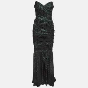 Pre Owned Dolce & Gabbana Green Animal Print Silk Ruched Strapless Gown M