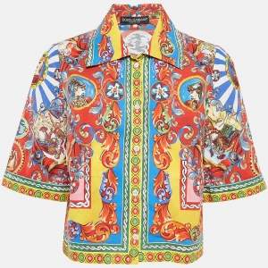 Dolce & Gabbana Multicolor Carretto Siciliano Print Cotton Cropped Shirt L