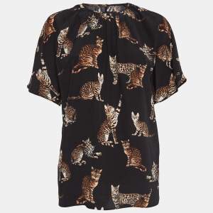 Pre Owned Dolce & Gabbana Black Cat Print Silk Top S
