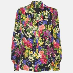 Pre Owned Dolce & Gabbana Black Multicolor Floral Print Neck Tie-Up Shirt M