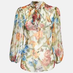Pre Owned Dolce & Gabbana White Floral Print Silk Neck Tie-Up Top M