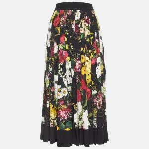 Pre Owned Dolce & Gabbana Black Floral Print Silk Blend Midi Skirt XL