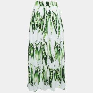 Pre Owned Dolce & Gabbana White/Green Peas Print Cotton Midi Skirt L