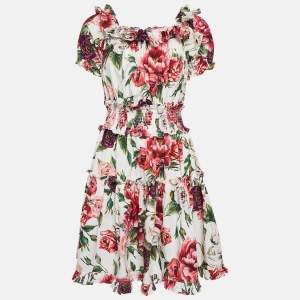 Dolce & Gabbana White Floral Print Cotton Ruffled Dress L