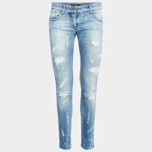 Pre Owned Dolce & Gabbana Blue Distressed Denim Skinny Jeans S Waist 30"