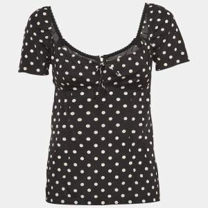 Pre Owned Dolce & Gabbana Black Polka Dots Print Silk Sweetheart Neck Top S
