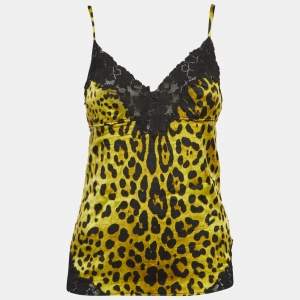 Pre Owned Dolce & Gabbana Yellow Leopard Print Stretch Satin and Lace Camisole Top M
