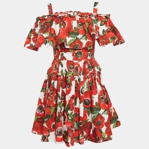 Pre Owned Dolce & Gabbana Red Floral Print Poplin Tiered Short Dress S