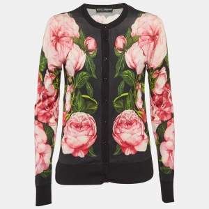 Pre Owned Dolce & Gabbana Black Floral Print Knit Button Front Cardigan S