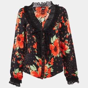 Pre Owned Dolce & Gabbana Black Floral Print Satin Ruffled Shirt M