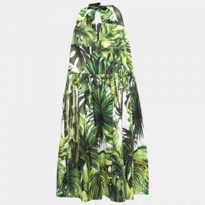 Pre Owned Dolce & Gabbana Green Leaves Print Cotton Halter Neck Short Dress M
