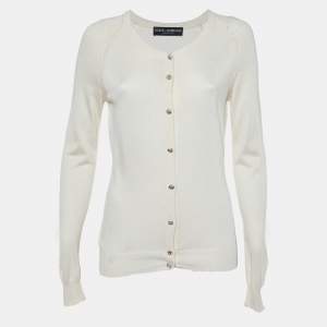 Pre Owned Dolce & Gabbana Cream Silk Knit Crystal Button Front Cardigan L