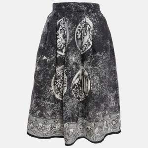 Pre Owned Dolce & Gabbana Grey Printed Linen Midi Skirt S