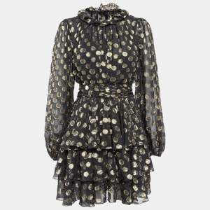 Pre Owned Dolce & Gabbana Black Polka Dot Silk Brocade Tie-Up Waist Mini Dress M