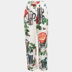 Pre Owned Dolce & Gabbana White Printed Silk Satin Pants S