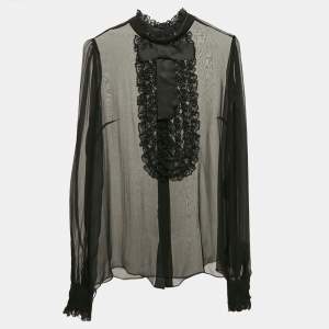 Pre Owned Dolce & Gabbana Black Sheer Silk Lace Trim Button Front Top M