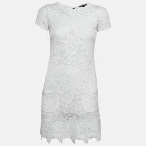 Pre Owned Dolce & Gabbana White Floral Lace Applique Trim Detail Mini Dress S