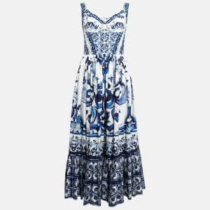 Pre Owned Dolce & Gabbana White Printed Cotton Sleeveless Midi Dress L