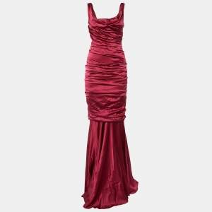 Pre Owned Dolce & Gabbana Burgundy Silk Ruched Special Edition Gown M 