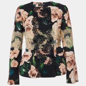 Pre Owned Dolce & Gabbana Black Floral Print Crepe & Lace Trim Jacket M