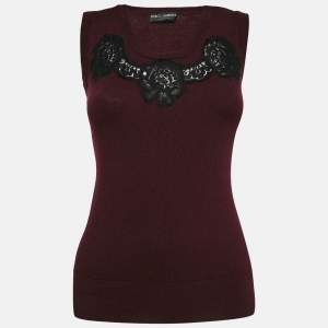 Pre Owned Dolce & Gabbana Burgundy Wool Lace Detail Sleeveless Top M