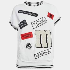 Pre Owned Dolce & Gabbana White Applique Cotton Pocket Detail T-Shirt XS