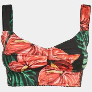 Pre Owned Dolce & Gabbana Black Anthurium Print Cotton Jersey Crop Top S