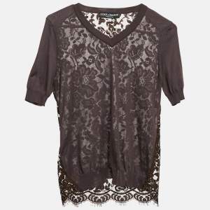 Pre Owned Dolce & Gabbana Brown Jersey and Lace V-Neck Top S
