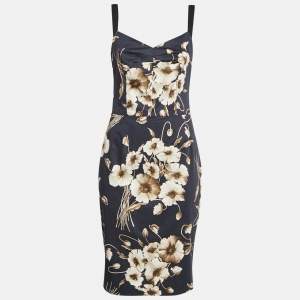 Pre Owned Dolce & Gabbana Navy Blue Floral Print Cotton Midi Dress M