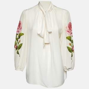 Pre Owned Dolce & Gabbana Cream Floral Appliqued Silk Blouse L