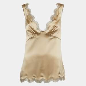 Pre Owned Dolce & Gabbana Beige Lace Trim Satin V-Neck Top M