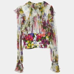 Pre Owned Dolce & Gabbana White Floral Print Silk Chiffon Ruffled Top M