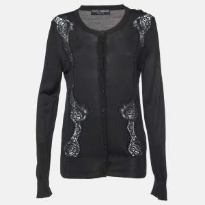 Pre Owned Dolce & Gabbana Black Silk Knit & Lace Trim Cardigan L
