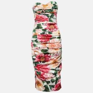 Dolce & Gabbana Pink Floral Print Silk Ruched Strapless Dress M