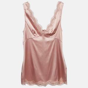 Pre Owned Dolce & Gabbana Pink Lace Trim Stretch Satin Camisole Top M