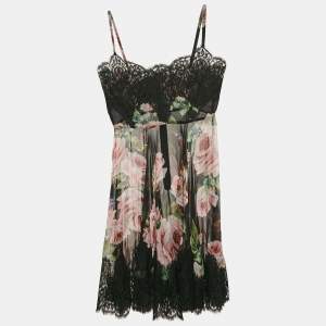 Dolce & Gabbana Black Floral Print Silk Lace Trim Sheer Intimate Dress XS