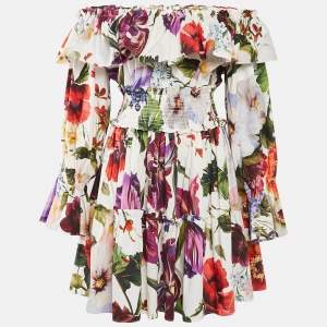 Pre Owned Dolce & Gabbana White Floral Print Cotton Off-Shoulder Mini Dress L
