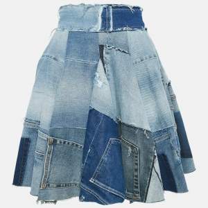 Pre Owned Dolce & Gabbana Blue Denim Patch Work Flared Short Skirt XS