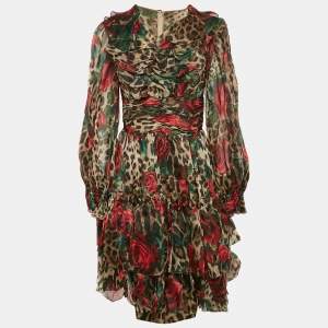 Pre Owned Dolce & Gabbana Brown Rose & Leopard Print Organza Tiered Short Dress M