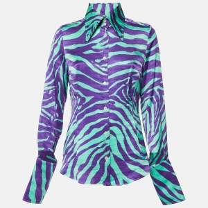 Pre Owned Dolce & Gabbana Green/Purple Tiger Print Logo Jacquard Silk Shirt L