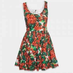Pre Owned Dolce & Gabbana Red Floral Print Poplin Lace Inserts Short Dress L