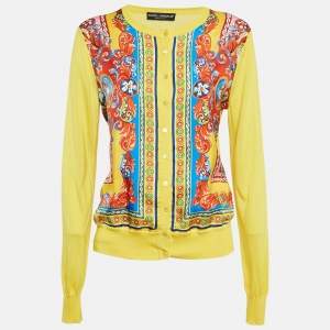 Pre Owned Dolce & Gabbana Yellow Caretto Print Silk Cardigan M
