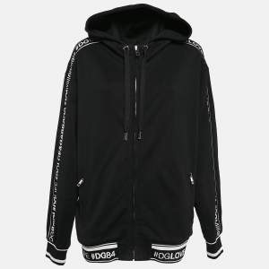 Pre Owned Dolce & Gabbana Black Logo Band Jersey Zip-Up Hooded Sweatshirt S