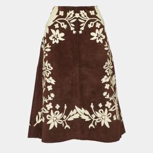 Dolce & Gabbana Brown Floral Applique Suede Midi Skirt M