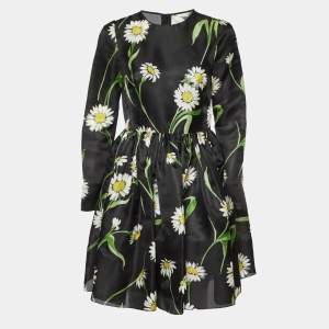 Dolce & Gabbana Black Floral Print Silk Flared Short Dress M