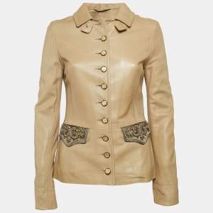 Dolce & Gabbana Beige Embellished Leather Button Detail Jacket M